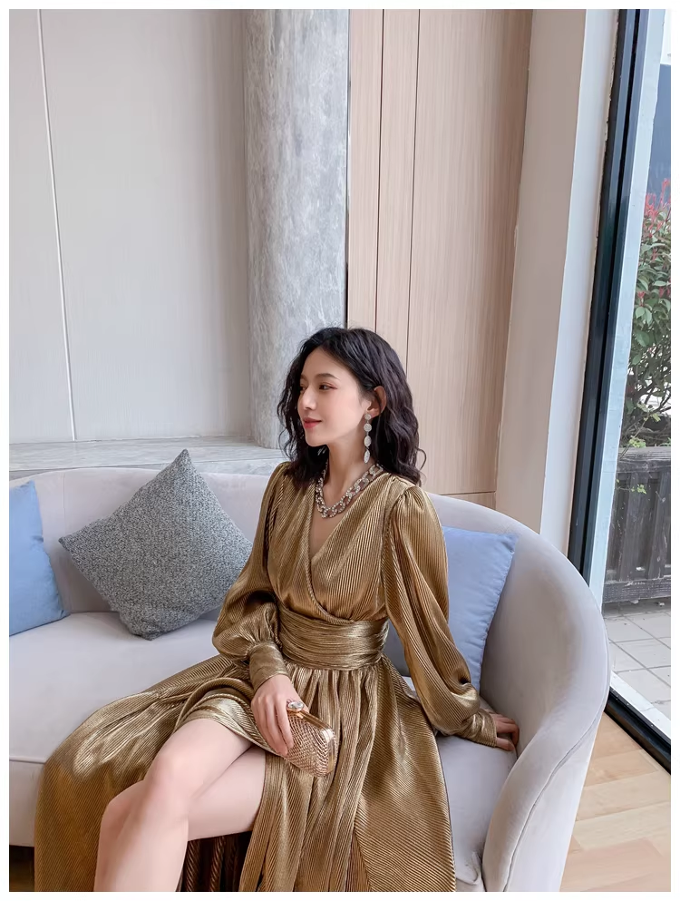 Unique Gold V Neck Satin Pleated Slit A Line Long Evening Dress Formal Wedding Guest Dress