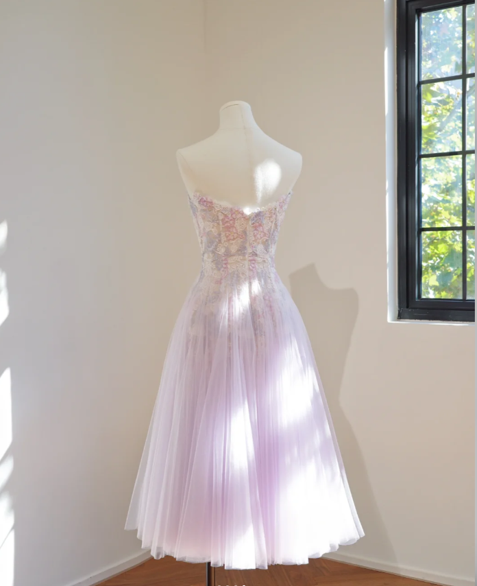 Sweet Strapless Lilac Tulle Appliques A Line Short Homecoming Dress Birthday Outfits