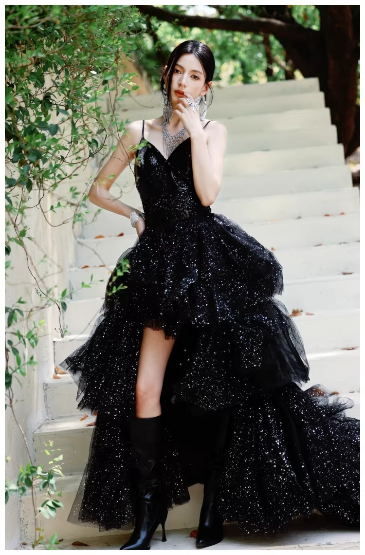 Sparky Black Spaghetti Straps Tulle Sequin Layered Long Birthday Evening Dress Party Dress