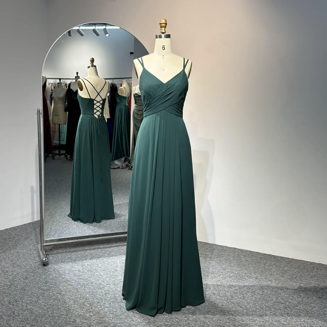 Elegant Spaghetti Straps V Neck Dark Green Chiffon Long Wedding Guest Dress Formal Bridal Dress