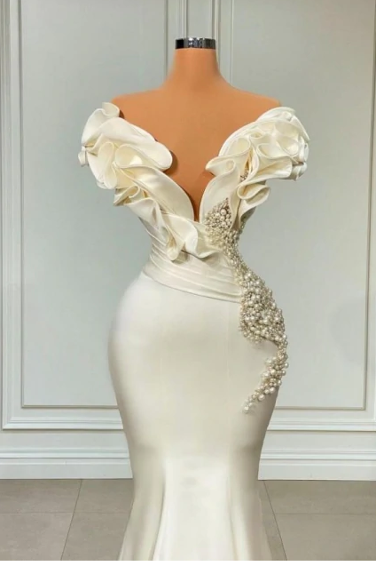 White Long Pearl Ruffle Evening Dresses
