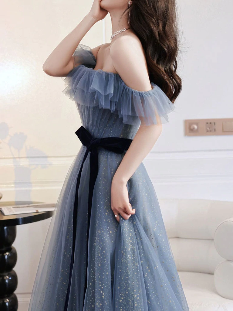 A-Line Gray Blue Off The Shoulder Long Prom Dress Tulle Evening Dress