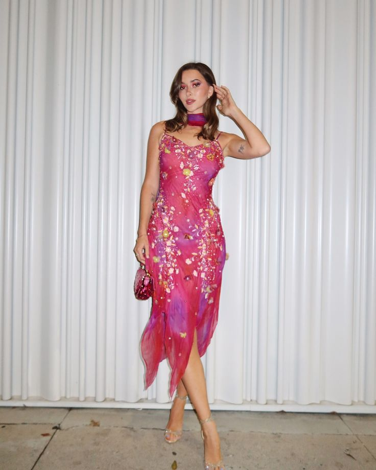 Pretty Pink Spaghetti Straps Pink V Neck Chiffon Beaded Appliques Mermaid Party Dress Evening Dress