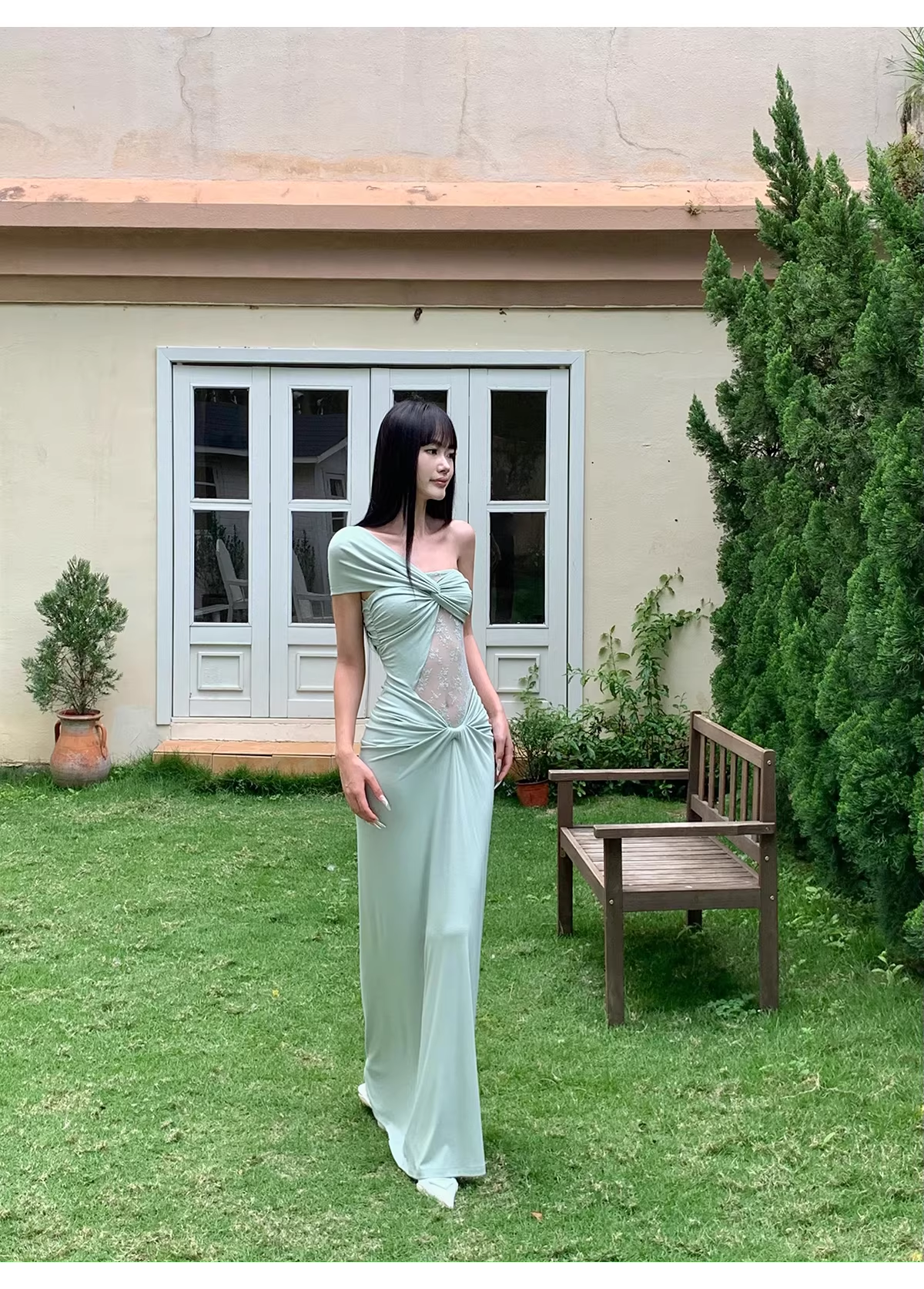 Elegant Pea Green Shoulder Satin Lace Mermaid Long Wedding Guest Dress Formal Evening Dress Prom Dress