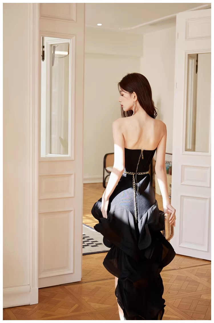 Sexy Strapless Black Ruffle Irregular Swallowtail Hem Birthday Dress Long Evening Gown