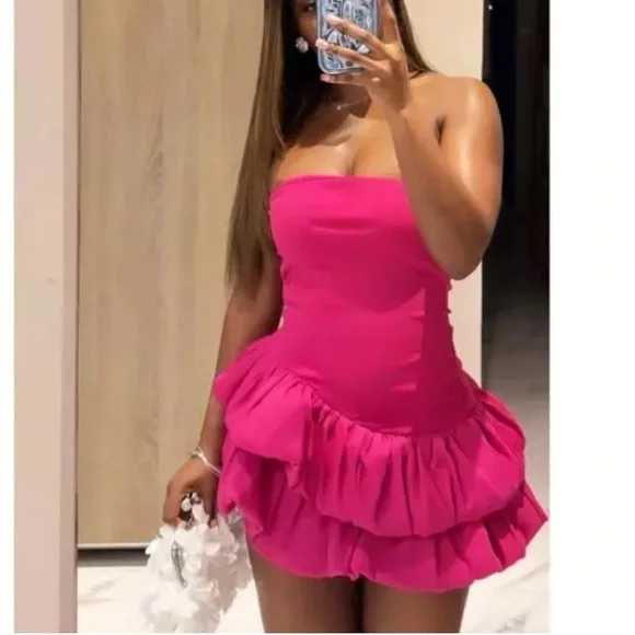 Sexy Hot Pink Strapless Satin Short Birthday Dress Homecoming Dress