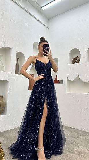 Shiny Navy Blue A-line V Neck Tulle Prom Dress With Slit
