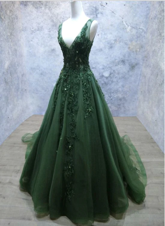 Dark Green V-neckline Lace Applique Low Back Formal Prom Dress