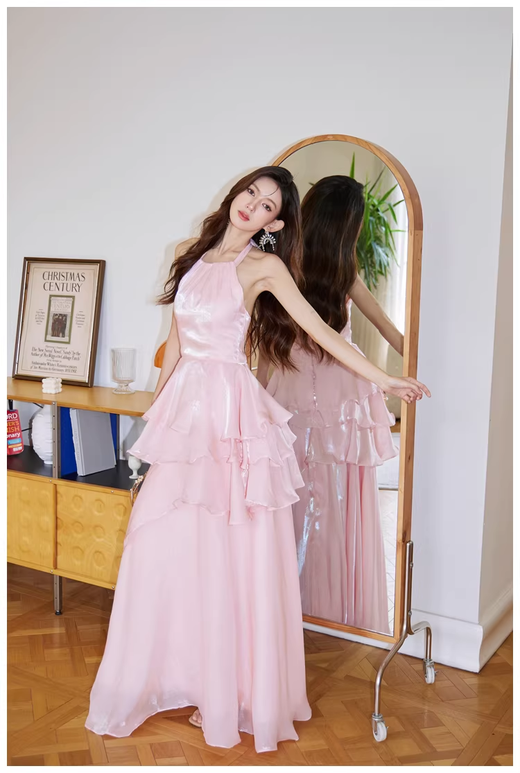 Classy Halter Pink Satin Ruffles Long Birthday Party Dress Evening Dress