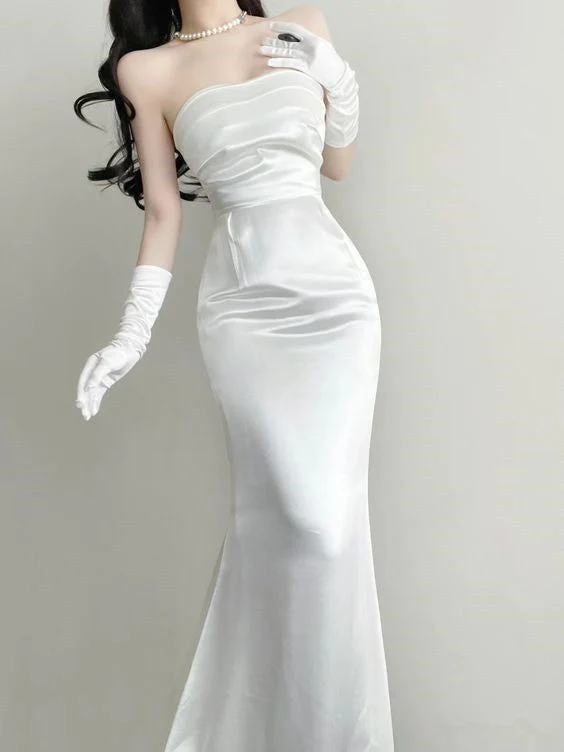 Elegant White Satin Strapless Mermaid Evening Dress Long Party Dress With Gloves