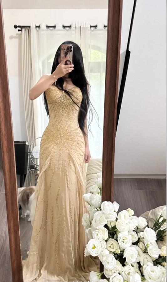 Pretty Spaghetti Straps Chiffon Beaded Ruffles Long Party Dress Yellow Mermaid Evening Dress