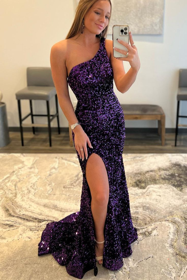 One Shoulder Purple Sequin Mermaid Long Prom Dress