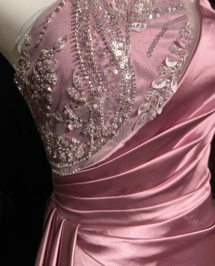 Chic One Shoulder Satin Sequin Beaded Mermaid Long Evening Dress Formal Pink Wedding Guest Dress