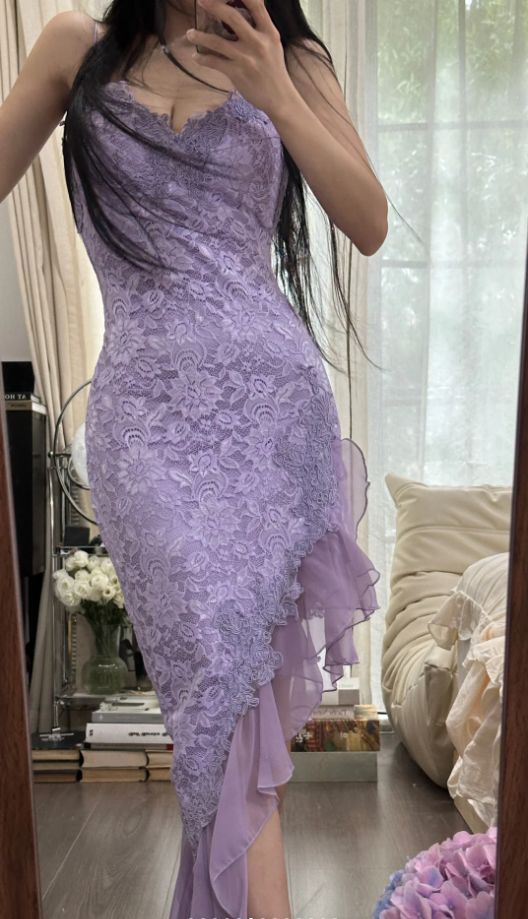 Pretty Spaghetti Straps Lavender V Neck Lace Chiffon Ruffles Long Party Dress Birthday Dress