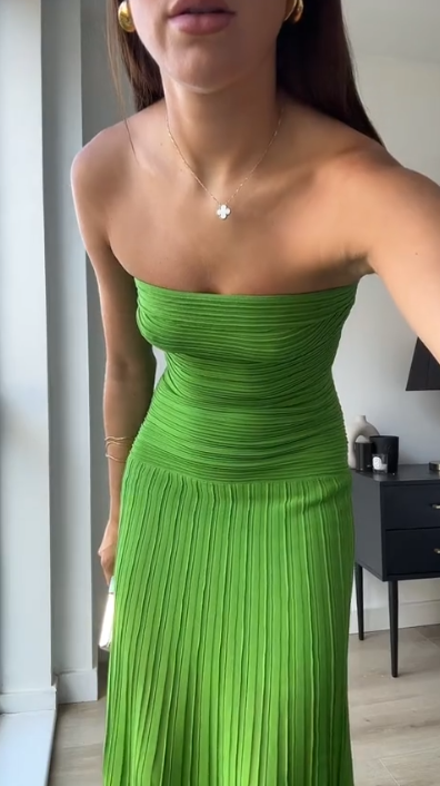 Sexy Green Strapless Satin Pleated Mermaid Long Wedding Guest Dress Birthday Prom Dress