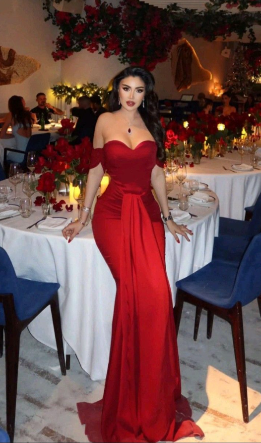 Charming Red Off The Shoulder Satin Pleated Mermaid Long Wedding Guest Dress Prom Dress