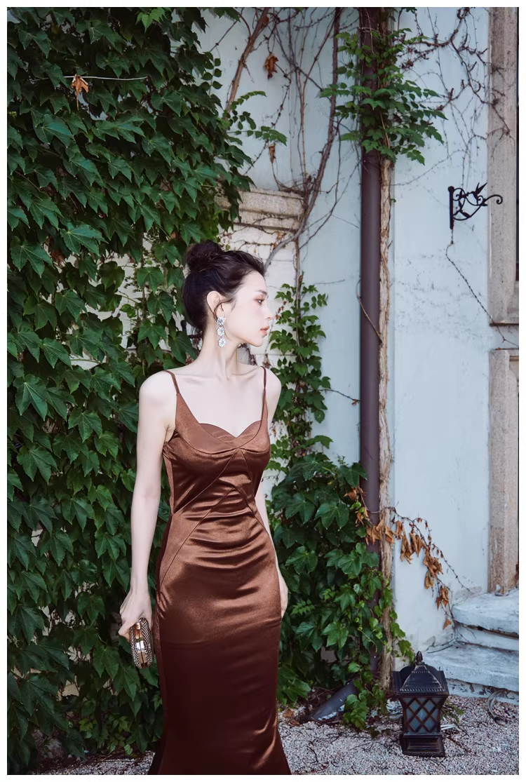 Stylish Spaghetti Straps Brown Satin Mermaid Long Evening Dress Formal Wedding Guest Dress