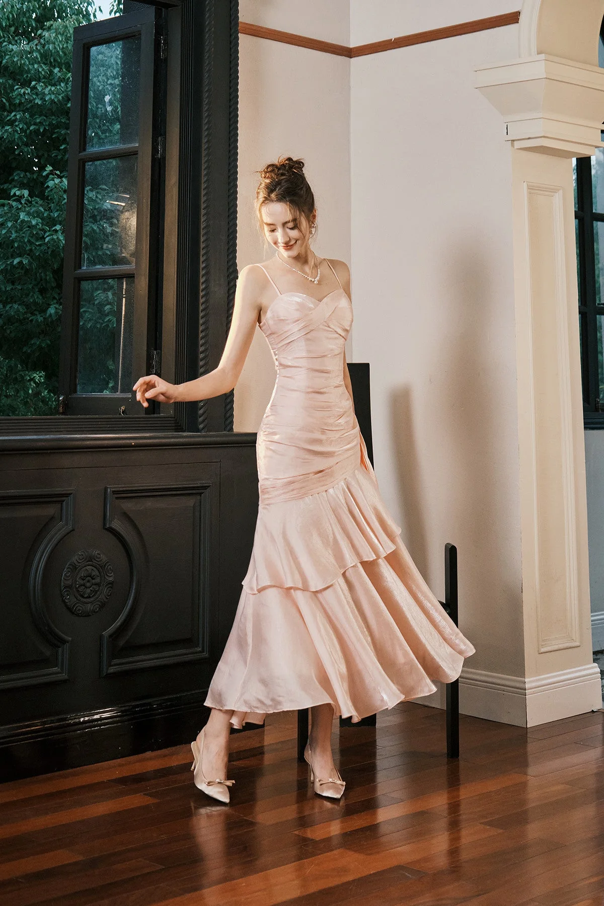 Elegant Pink Mermaid Evening Dress,Spaghetti Straps Satin Tiered Prom Dress