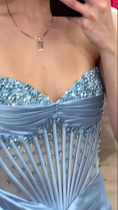 Classy Strapless Blue Satin Beaded Slit Mermaid Party Dress Long Prom Dress