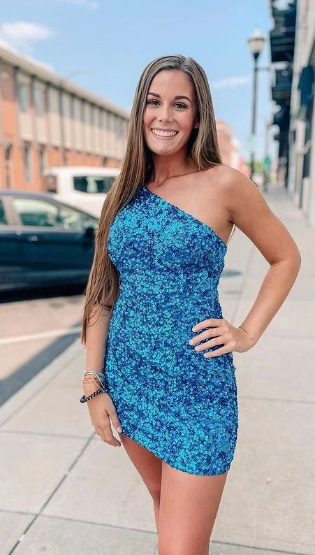 Cute white sequin homecoming dresses one shoulder mini dress