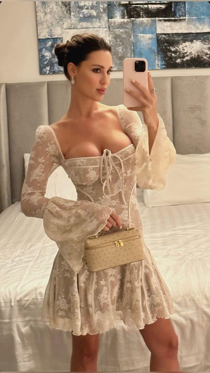 Lace Low Cut Flared Sleeve A-line Party Dress