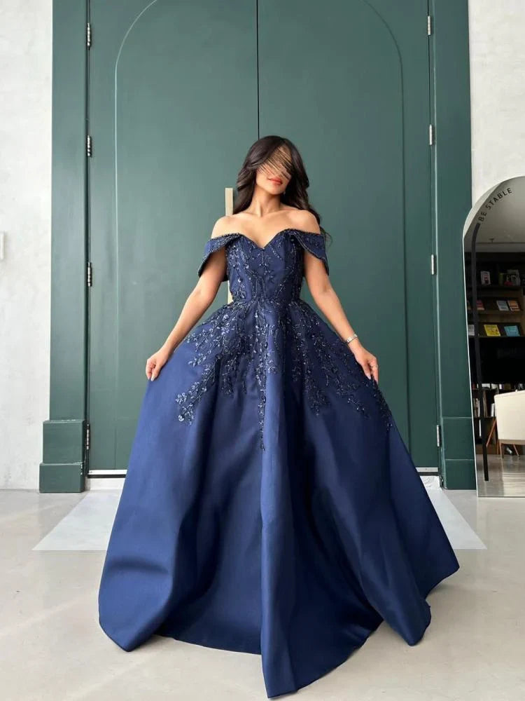 Vintage A line Off The Shoulder Navy Blue Satin Lace Long Evening Dress Prom Dresses