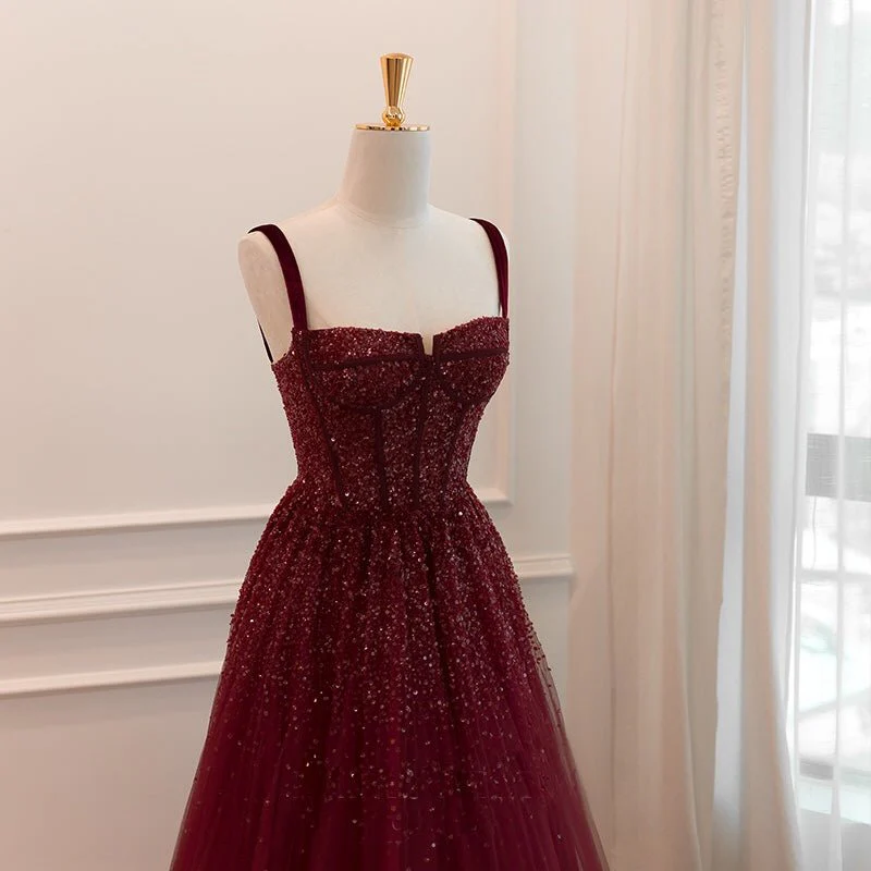 Burgundy Tulle Sequins A Line Ball Gown Glitter Party Evening Dress