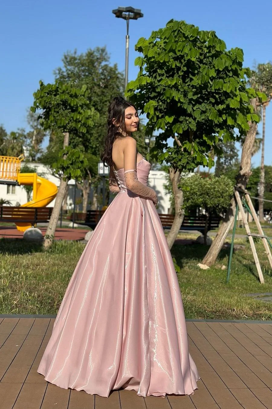 Elegant Pink Satin Beaded Evening Dress Formal Prom Dress With Gloves