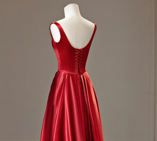 Elegant Red Satin Straps Pleats Prom Dress Long A Line Party Evening Dress