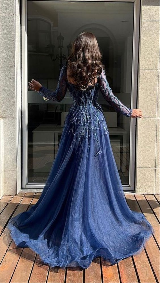 Luxurious Blue Slit Long Party Dress Evening Dress With Feathers