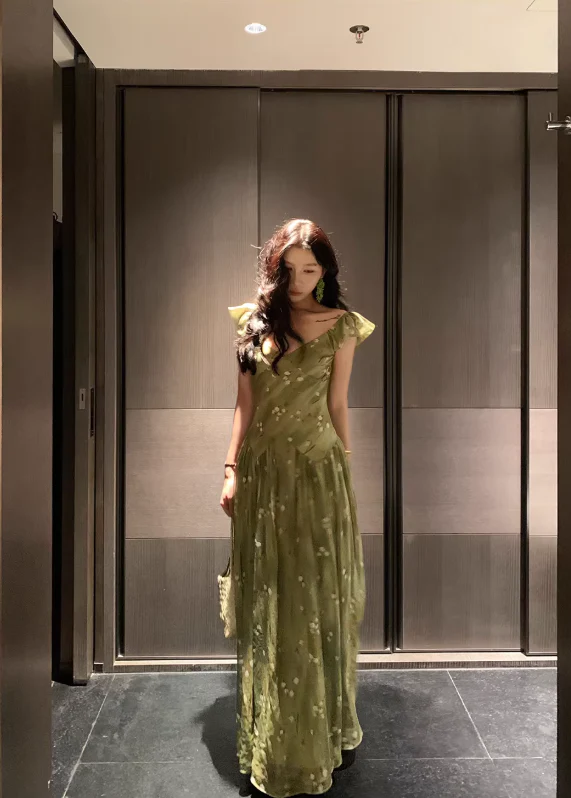 A Line V Neck Prom Party Dress Chiffon Green Flora Evening Dress