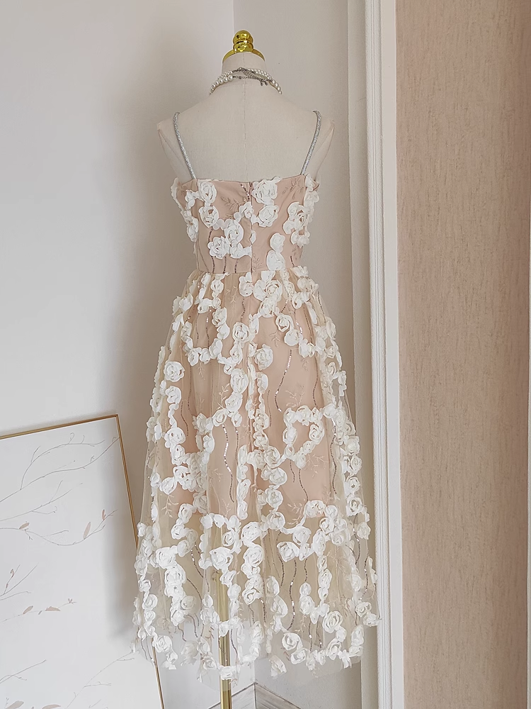 Sexy A line Spaghetti Straps White Satin Floral Dinner Party Dresses Birthday Outfits