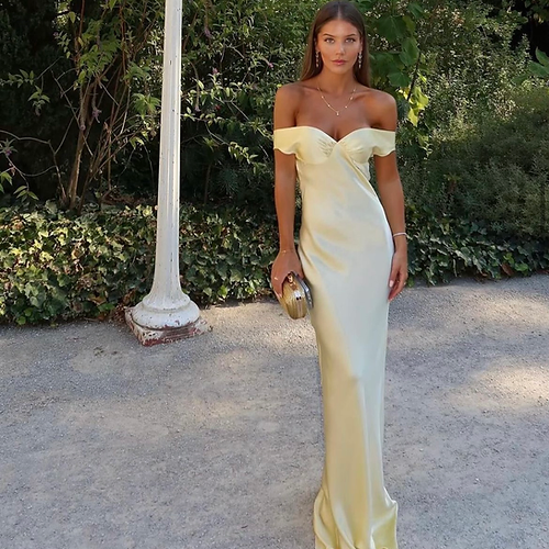 Classy Mermaid Off The Shoulder Yellow Satin Long Evening Dress Prom Dresses