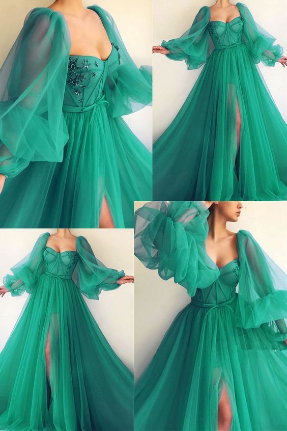 Puffy Sleeve Prom Dress Sweetheart Tulle Ball Gown A Line Princess Dress