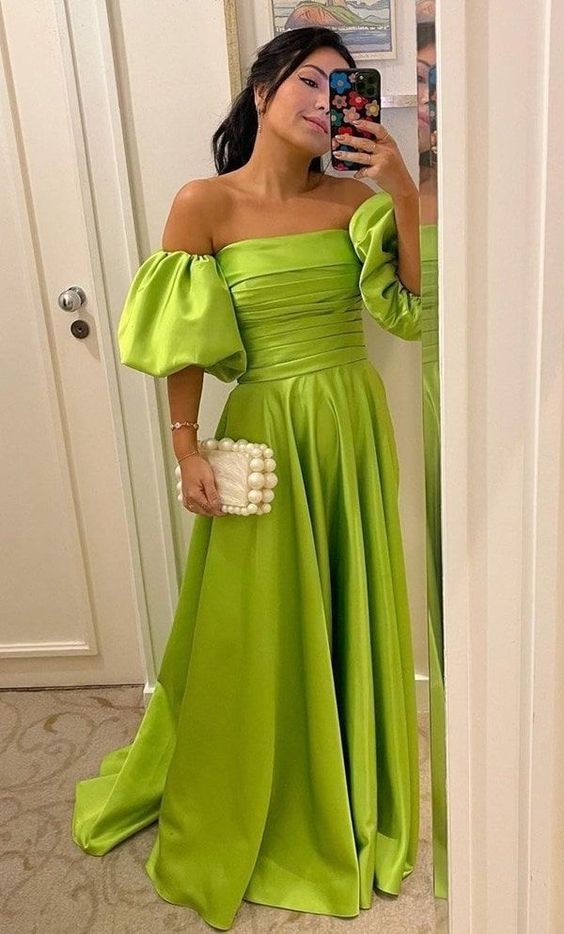 Sexy off shoulder puff sleeve floor length gown satin long evening dress
