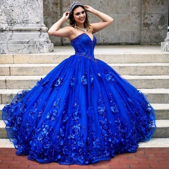 Royal Blue Quinceanera Flowers Corset Top Ball Gown 3D Flowers Sweet 16 Dress