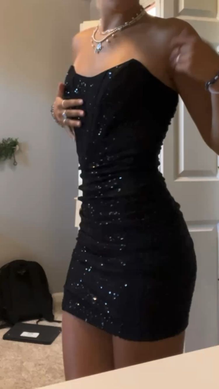 Strapless Black Dress Short Tight Black Dress Black Sequin Homecoming Dress