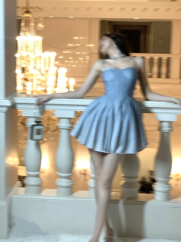 Shiny Blue Satin Sequin A Line Homecoming Dress Cocktail Dress Spaghetti Straps Birthday Outfits