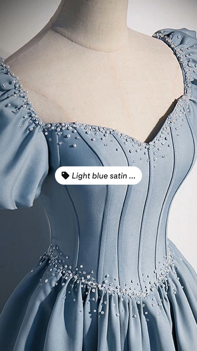 Light Blue Satin Long Prom Dress Short Sleeves Birthday Dress Princess Dress