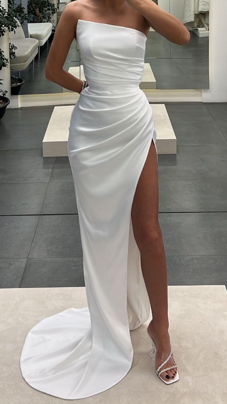 Simple Satin Long Prom Dress With Waist Pleats Elegant Evening Gown