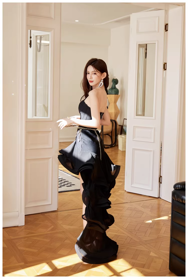 Sexy Strapless Black Ruffle Irregular Swallowtail Hem Birthday Dress Long Evening Gown