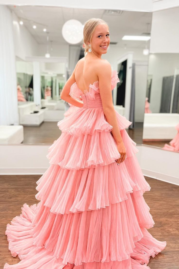 Strapless Layered Pink Tulle Long Prom Dress, Long Pink Formal Evening Dress