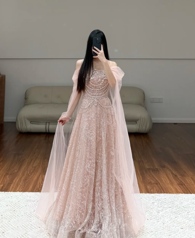 Off The Shoulder Tulle Pink Prom Party Dress Evening Dress Birthday Dress