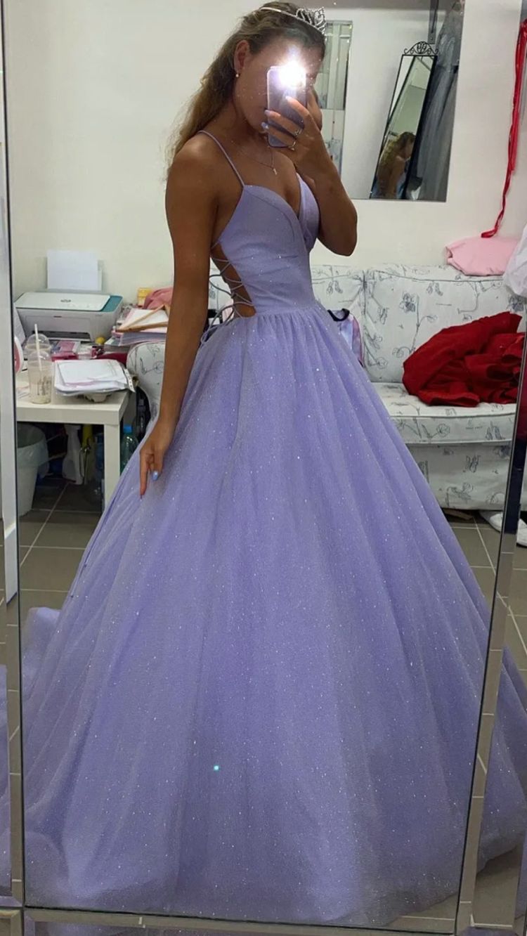 Purple V-neck tulle long prom dress evening dress