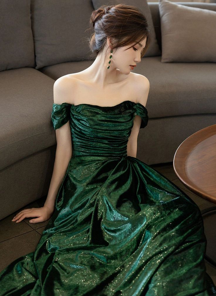 Beautiful Green Off Shoulder Evening Dress, Green Long Prom Dress