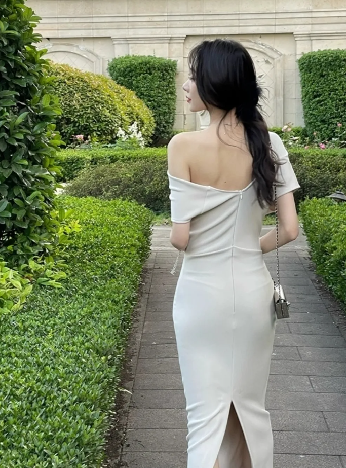 Asymmetric stretch pleated dress Women Evening dress fashion party dress