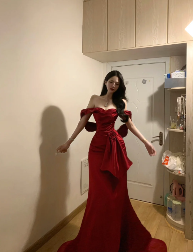 Pretty Red Off The Shoulder Satin Mermaid Long Evening Dress Formal Guest Dress
