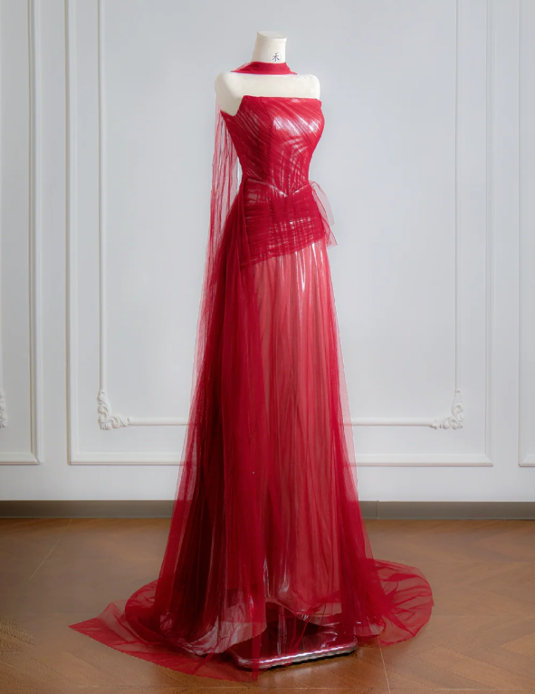 Strapless Red A Line Prom Dress Tulle Birthday Outfit Evening Dress