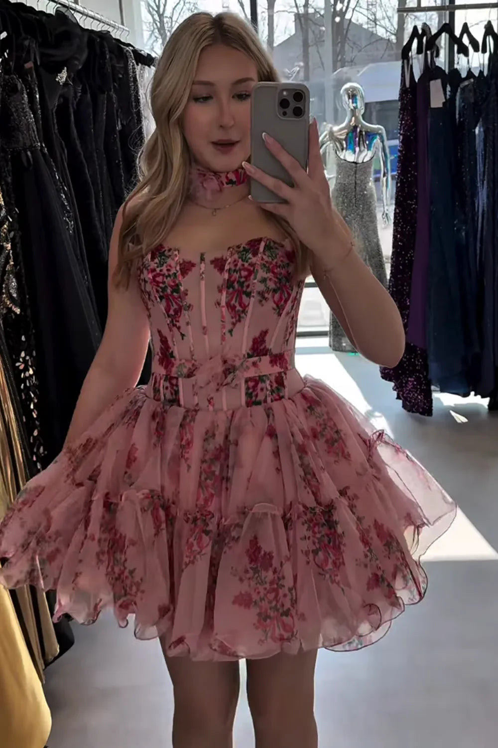 Beautiful A Line Spaghetti Straps Pink Foral Printed Short Homecoming Dress