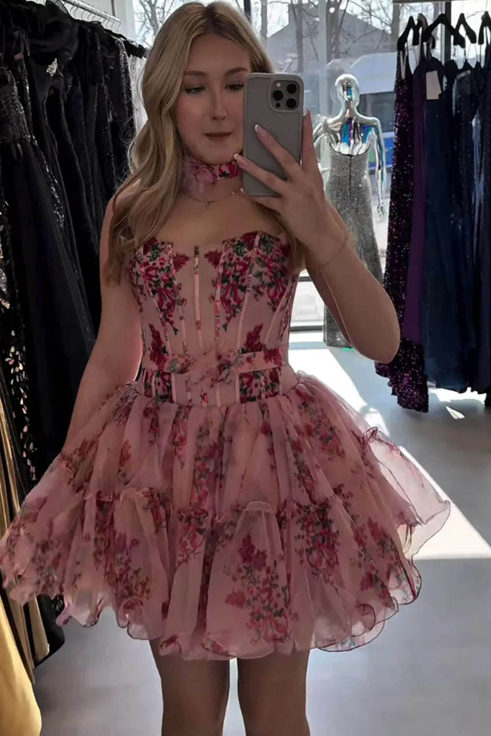 Beautiful A Line Spaghetti Straps Pink Foral Printed Short Homecoming Dress